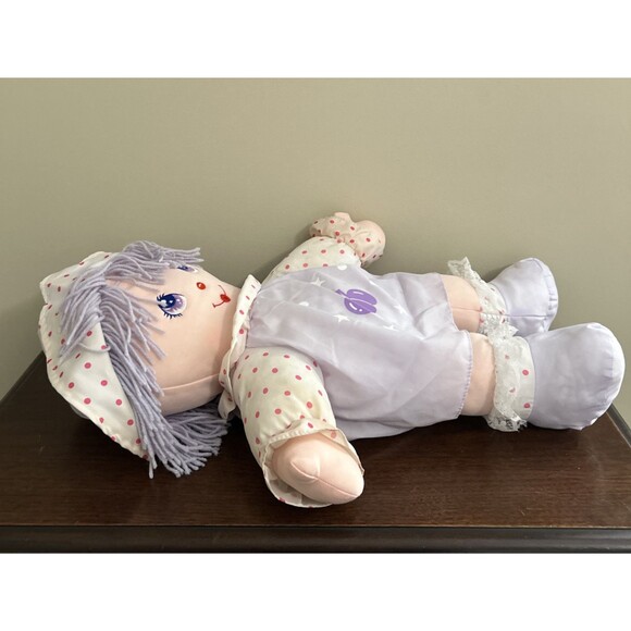Vintage DOLLY MINE Plush Doll Purple Dress Eyes Hair Cherries Pink Dots 22" - Picture 6 of 10